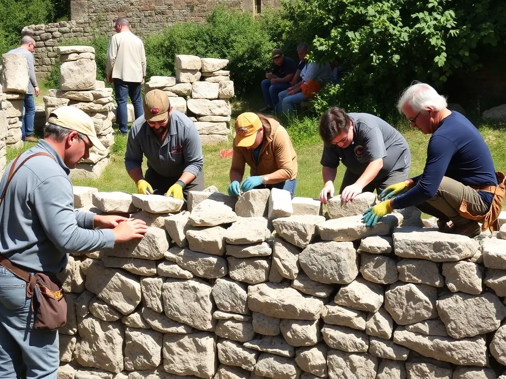 A group of volunteers working together to restore a section of an old stone wall at the Grand Bourglioux site, showcasing the heritage conservation efforts.