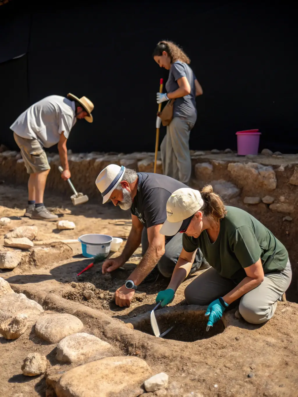 An image of archaeologists carefully excavating a section of the Grand Bourglioux site, uncovering artifacts that provide insights into its history.