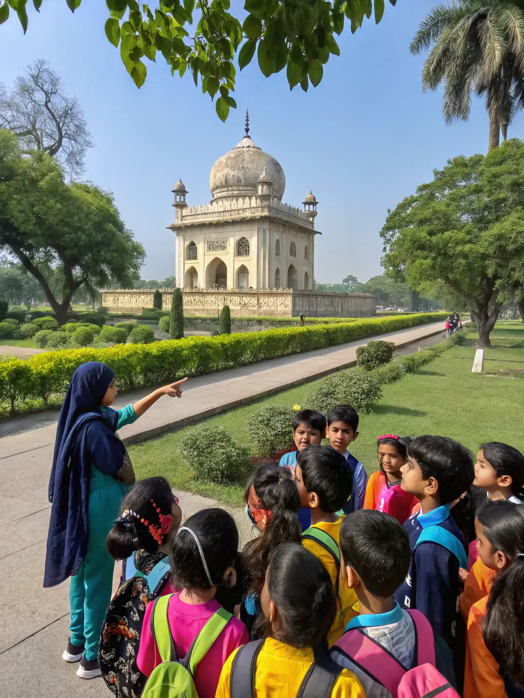 A picture of children participating in a guided tour of the Grand Bourglioux site, led by a knowledgeable guide who is pointing out historical features.