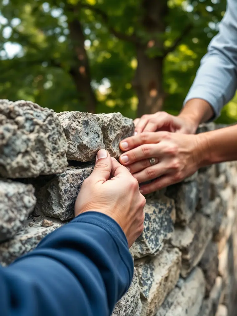 A photograph depicting volunteers working on the restoration of an old stone wall at the Grand Bourglioux site, showcasing the organization's commitment to heritage conservation.