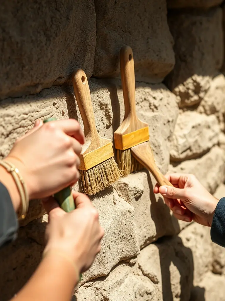 A photograph of volunteers working on the restoration of an old stone wall at the Grand Bourglioux site, showcasing the hands-on effort involved in preserving historical structures.