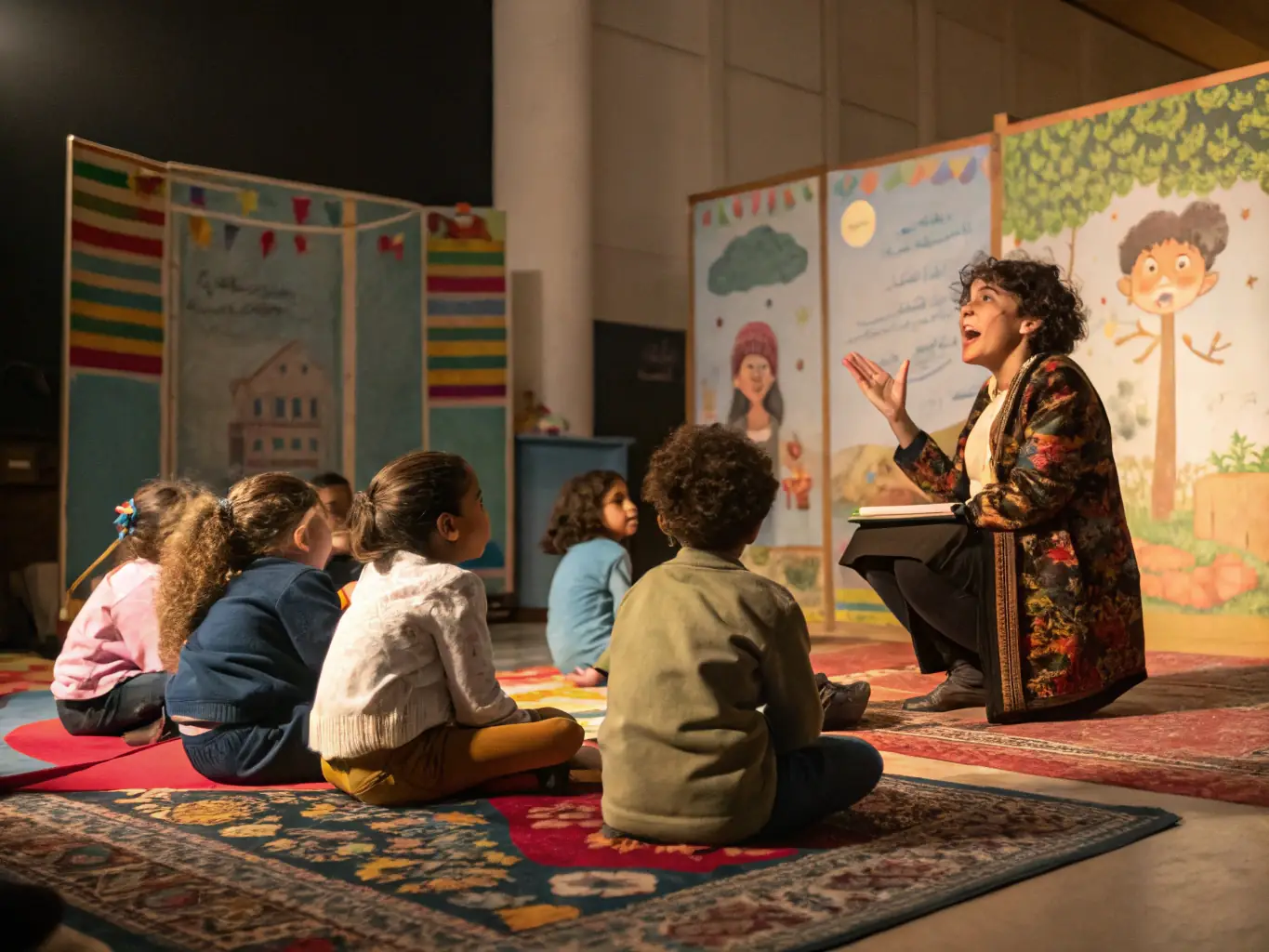A photograph of children participating in a storytelling session at the Grand Bourglioux, highlighting the cultural and educational initiatives.