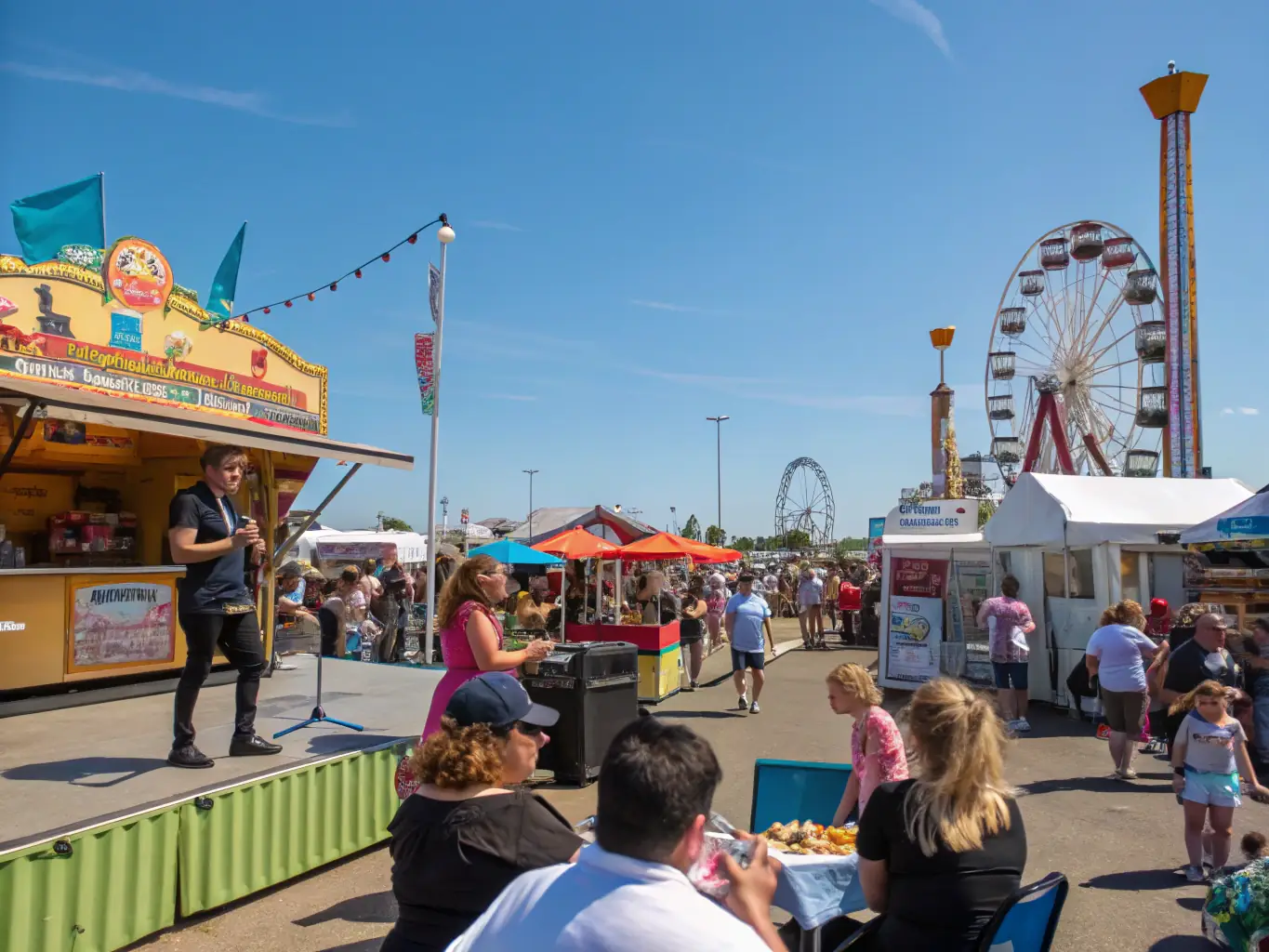 A vibrant scene from a community festival held at the Grand Bourglioux, featuring local artisans, musicians, and food vendors.